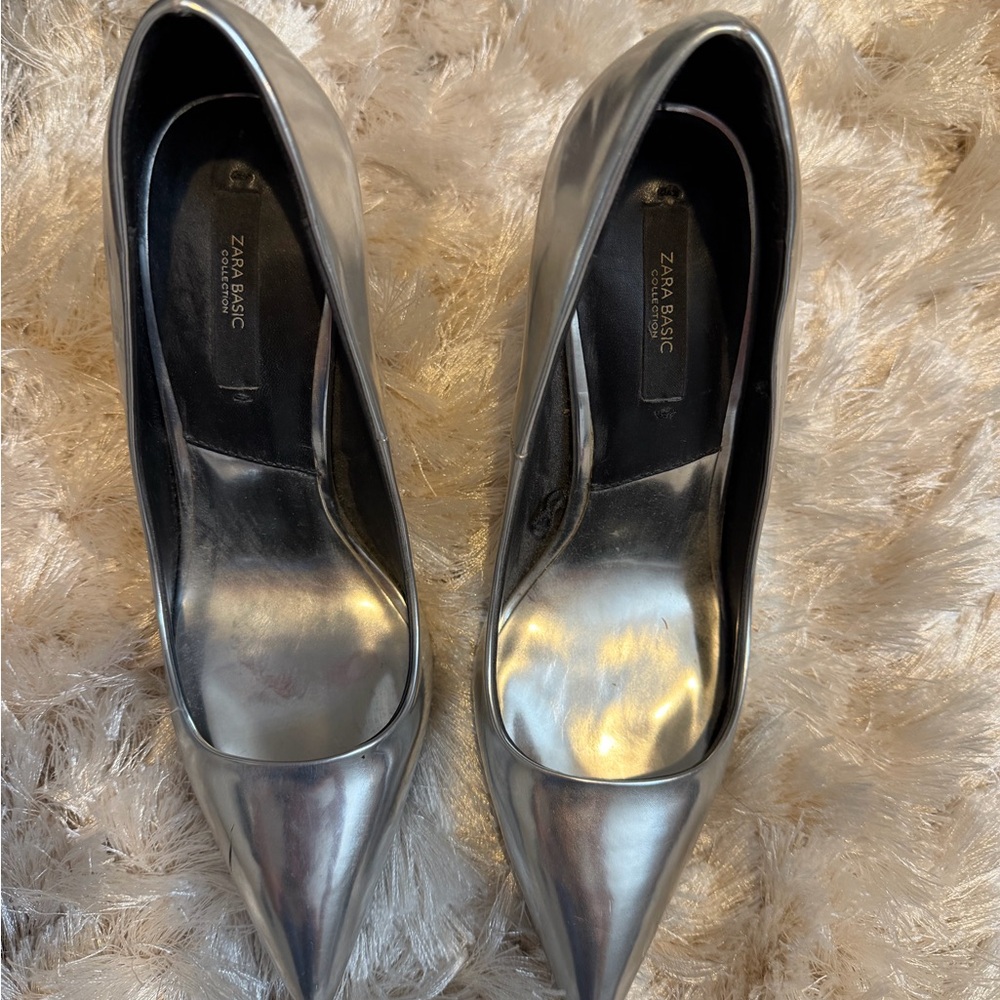 Zara Metallic Silver Pointed Toe Heels